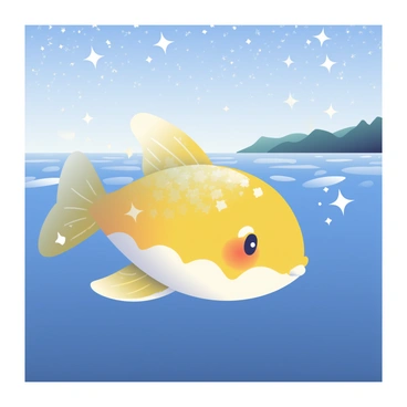 A Magikarp is gracefully swimming in a clear, dark blue water, its body glistening with shimmering scales that reflect twinkling stars. The stars above are scattered across the sky, creating a dazzling effect that complements the Magikarp's scales. The water surrounding the fish is calm, with gentle ripples reflecting the starlight. In the background, the silhouette of a distant shoreline can be seen, creating a serene atmosphere.