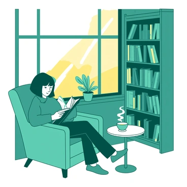 A teal cozy bookstore corner features a person sitting in a comfortable armchair, deeply engrossed in reading a book. The person has short brown hair and is wearing a warm sweater. Beside the armchair, there is a small white wooden table holding a steaming cup of tea. A large window behind the person allows soft golden light to filter in, creating a warm ambiance. Bookshelves filled with various colorful books line the walls, adding to the inviting atmosphere of the corner. A small potted plant sits on the windowsill, bringing a touch of nature indoors.