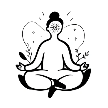 A person sitting cross-legged in a meditative posture, with hands resting on their knees. The area on their forehead is prominently depicted, showcasing a "radiant pineal gland" in the center. Surrounding the person are various symbols of tranquility, such as softly flowing water and scattered leaves, enhancing the peaceful atmosphere. The background features gentle waves or curves that emphasize the meditative theme.