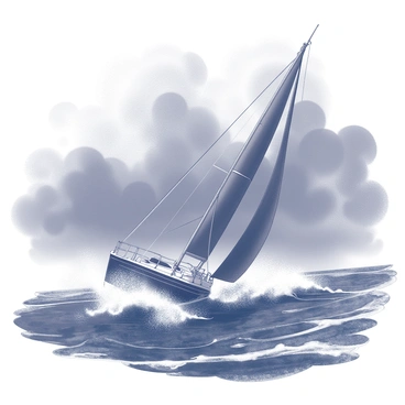 A yacht with a sleek design is navigating through a turbulent sea. The yacht is shown tilting to one side as powerful waves crash against its hull. The dark clouds above are thick and ominous, swirling menacingly as they block any sunlight. The water is choppy, with foam rising from the crests of the waves. The sails of the yacht are fully inflated, straining against the force of the wind, while the bow slams into the water, sending up sprays of mist. The scene conveys a sense of struggle against nature's fury.