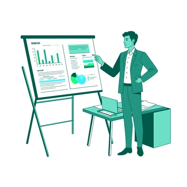 A teal manager is standing confidently in front of a whiteboard that is filled with various colorful charts and graphs. The manager is pointing at a specific section of the whiteboard displaying a detailed "strategic plan." The charts include bar graphs and pie charts with different patterns, and the overall atmosphere conveys a sense of focus and discussion. The manager is dressed in a professional outfit, and there is a table nearby with documents and a laptop.