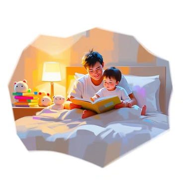 A parent and child are sitting on a comfortable bed in a warmly lit bedroom, surrounded by soft pillows and a cozy blanket. The parent, with gentle features and a warm smile, is holding an open book, reading aloud. The child, with tousled hair and bright eyes filled with curiosity, is snuggled close, eagerly listening. The room is softly illuminated by a bedside lamp, casting a warm glow that enhances the intimate atmosphere. Colorful storybooks are stacked on a nearby shelf, and a few stuffed animals are placed around the room, adding to the cozy bedtime setting.