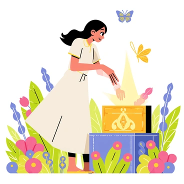 A curious young woman with flowing dark hair is depicted as "Pandora." She is dressed in a flowing white dress, with golden accents, standing in a lush garden filled with vibrant flowers and greenery. The scene shows her reaching out with one hand towards a beautifully ornate box, which is decorated with intricate patterns and symbols. Light emanates softly from the box, illuminating her face with a sense of wonder and curiosity. Her eyes are wide with intrigue as she stands poised to open the mysterious box, surrounded by butterflies that flutter around her.
