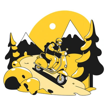 A scooter bike navigating a scenic mountain trail at sunrise