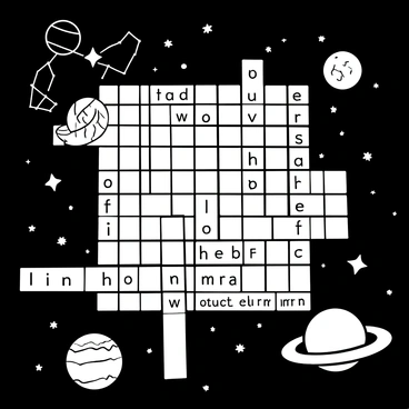 A large crossword puzzle floats in the vastness of space. Each square of the puzzle is distinct and prominently displayed, with some squares containing words. Surrounding the puzzle, several planets of varying sizes are positioned, each adorned with unique features like rings or surface textures. Numerous stars dot the background, some twinkling while others form intricate constellations that provide context for the puzzle clues. The overall composition conveys a sense of exploration and cosmic wonder.