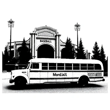 A classic team bus is parked outside a baseball stadium built in the 1950s. The bus has a retro design with rounded edges and large windows, featuring the name of the team prominently displayed on its side in bold lettering. In the background, the stadium structure showcases vintage architectural elements, such as decorative brickwork and a large marquee sign above the entrance with "BASEBALL" written on it. Surrounding the scene, there are sparse details of trees and lampposts, capturing the essence of the era. The pavement shows slight wear, indicating the bus has been parked for some time.