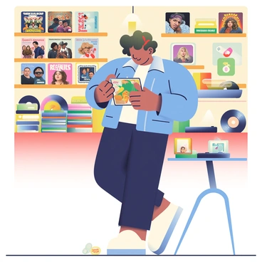 A consumer with light skin and curly hair is flipping through a collection of vinyl records in a nostalgic music store. The individual is wearing a blue denim jacket over a white t-shirt and black jeans. The store has wooden shelves filled with vinyl records of various colors and designs, some with vintage album covers featuring iconic bands. There are posters of famous musicians on the walls, and a warm yellow light illuminates the space, creating a cozy atmosphere. A vintage turntable sits on a nearby table, ready for testing the records. A few scattered accessories like record cleaning kits and colorful vinyl sleeves are placed on the counter.