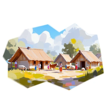 A peaceful Anglo-Saxon village featuring several thatched-roof huts made of timber and wattle. The huts are arranged in a circular formation, surrounded by a lush green landscape. Villagers dressed in simple tunics are seen tending to various livestock, including a few sheep grazing nearby and a cow calmly standing in front of one of the huts. In the background, children are playing, while a woman is carrying a basket filled with herbs. The sky above is clear, with a few fluffy clouds drifting lazily.