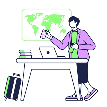 A business traveler is standing at a desk with a laptop open in front of them. They are dressed in a formal suit, holding a visa document in one hand while checking information on the screen with their other hand. On the desk, there is a neatly organized stack of papers alongside a green notebook. Behind the traveler, there is a world map pinned on the wall, indicating various international locations. A suitcase is partially visible on the floor next to the desk, suggesting preparation for the upcoming conference.