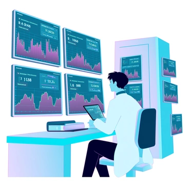 A researcher with short black hair and wearing a lab coat is sitting at a sleek workstation filled with advanced technology. Multiple screens display colorful charts and graphs related to Ethereum data, showcasing fluctuating lines and numerical values. The lab is illuminated by blue and white ambient lighting, and sleek machinery is visible in the background. The researcher is focused on the data, with a digital tablet in hand, making annotations as they analyze the information.