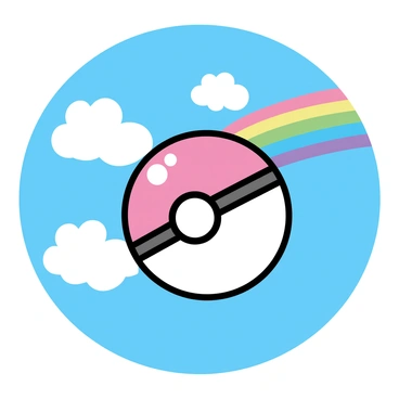 A red and white Pokéball, round and shiny, is soaring through a bright blue sky. Fluffy white clouds drift in the background, surrounding the Pokéball. A vibrant rainbow arches gracefully across the scene, adding a spectrum of colors behind the Pokéball. The overall composition captures a moment of flight and adventure in a clear sky.