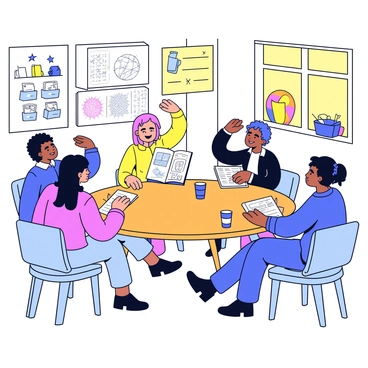 A cozy art studio filled with warm light. A round wooden table is at the center, surrounded by a group of four illustrators. Each illustrator has a sketchbook open in front of them, filled with various drawings. They are engaged in discussion, with one person gesturing excitedly. Coffee cups are placed on the table, adding to the casual atmosphere. The walls are adorned with colorful artwork and scattered art supplies are visible around the studio.