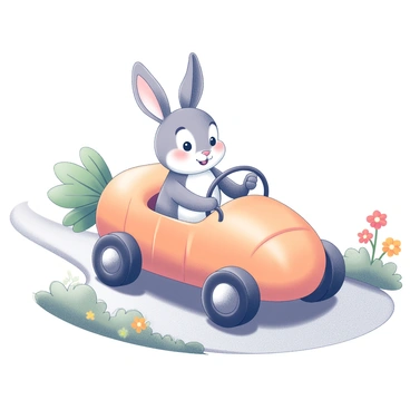 A bunny is seated inside a car shaped like a large carrot. The bunny has long ears perked up and a cheerful expression on its face as it grips the steering wheel with its paws. The car features details like green leaves at the top, mimicking the foliage of a carrot. The wheels of the car are round and black, contrasting with the orange body. The setting includes a winding dirt road lined with bright flowers blooming on either side, enhancing the playful atmosphere of the scene.
