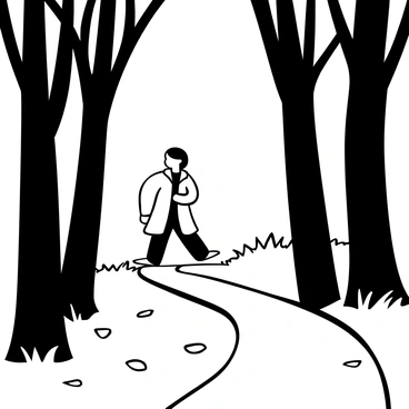 A lone figure dressed in a long coat walking down a winding path. The path is bordered by tall, shadowy trees with intricately detailed bark and twisted branches. The ground is covered with fallen leaves, creating a textured surface underfoot. The scene is illuminated by a soft light filtering through the trees, casting elongated shadows on the ground.