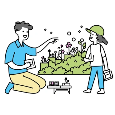 A tutor, wearing a light blue shirt and beige trousers, is kneeling next to a student in a green cap and white t-shirt. The tutor points towards a variety of plants and flowers in a lush green garden filled with vibrant colors. The student is holding a notebook and pencil, looking attentively at the tutor. Sunlight filters through the leaves, casting soft shadows on the ground. A small wooden table nearby holds plants in pots and ecology books, complementing the learning environment.