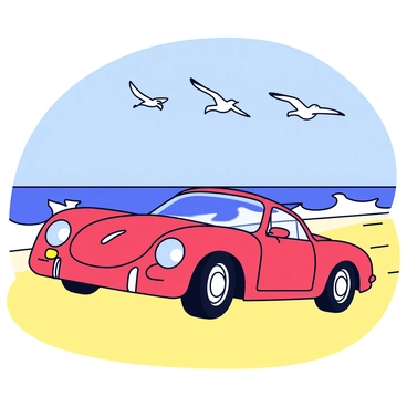 A sleek Porsche parked on a sandy beach. The car is gleaming with a bright red color and features smooth curves and modern design elements. In the background, waves are crashing against the shore, creating white foam as they hit the sand. Above, several seagulls are flying in the clear blue sky, their wings spread wide. The soft, golden sand extends along the beach, creating an inviting atmosphere.