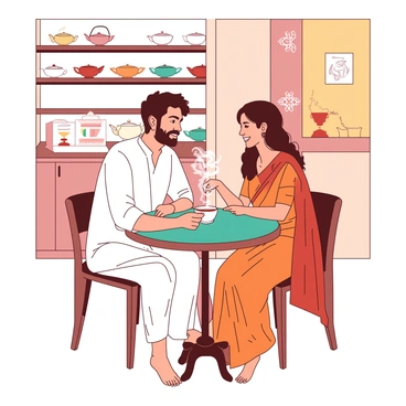 A Maharashtrian couple is sitting at a small wooden table inside a quaint café. The couple is dressed in traditional attire; the man is wearing a white kurta and dhoti, while the woman is dressed in a vibrant orange saree. They are both smiling as they share a steaming cup of chai, with the woman's hand gently holding the cup. The table is adorned with a small teal tablecloth, and there are intricate white decorations on the walls, adding to the ornate decor of the café. In the background, there are shelves lined with colorful teapots and cups, creating a warm, inviting atmosphere.
