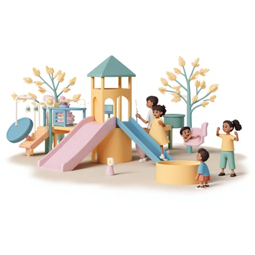 A playground filled with various colorful equipment such as swings, slides, and climbing structures. Soft lights are strung around the playground, casting a gentle glow over the scene. Several children are engaged in a game of hide and seek; one child, wearing a blue shirt and red shorts, is counting with their eyes closed at the base of a tall slide. Two other children, one wearing a yellow dress and the other in green pants, are hiding behind a large sandbox. The joyful expressions on their faces reflect the excitement of the game. The background features trees with leaves illuminated by the lights, creating a warm and inviting atmosphere.