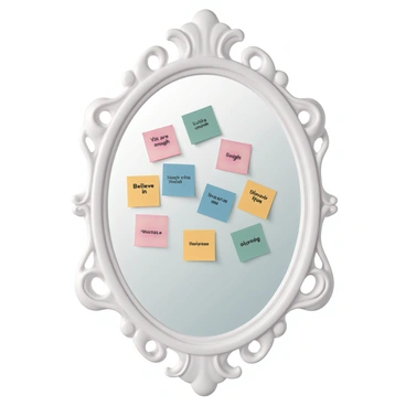 A large, ornate mirror is framed in an intricate design, reflecting the surrounding light. It is covered with an array of colorful sticky notes, each displaying a positive affirmation. The sticky notes are in various shades of pink, blue, yellow, and green, with phrases like "You are enough," "Believe in yourself," and "Stay strong" written in bold, black letters. The mirror's surface gleams softly, and the sticky notes are positioned at different angles, creating a playful and uplifting atmosphere. The background is softly blurred, drawing focus to the mirror and its cheerful messages.