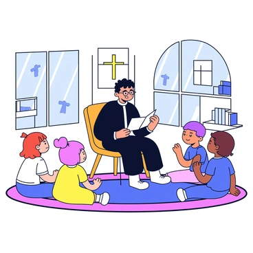 A pastor with glasses is sitting on a wooden chair in a church hall. The pastor is wearing a simple black robe and is holding an open storybook. Around the pastor, there are several children of different ages sitting on a colorful rug, attentively listening. The children have varied hairstyles and clothing, including a girl with pigtails in a yellow dress and a boy in a blue t-shirt. The church hall features large windows with light streaming in, illuminating the scene. There are shelves in the background with books and a small wooden cross on the wall.