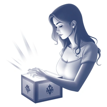 The silhouette of a woman, representing "Pandora," is captured in a moment of action as she opens a box. The contours of her figure are defined against a bright light emanating from the box, creating a striking contrast. The illumination casts a glow on her face, highlighting her features in an ethereal manner. Her hair flows gracefully, partially obscuring her profile. The box is detailed with intricate designs, and the light spilling from it creates a dynamic aura around her, suggesting a sense of wonder and anticipation.