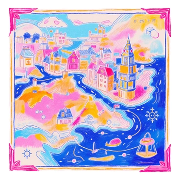 A vintage-style weather map is displayed prominently, featuring detailed contours and markings. In the center, an "occluded front" is represented with a distinct line and symbols showing its direction. The map highlights an "old town" with quaint buildings, narrow streets, and a clock tower, depicted in an aged color palette. Surrounding the town, there are curved lines indicating wind patterns and shaded areas representing different weather conditions. The borders of the map are decorated with ornate designs, enhancing its vintage appeal.