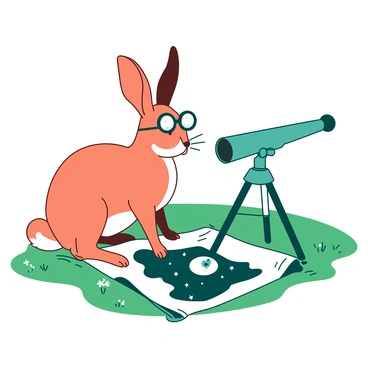 An orange old-fashioned hare is sitting upright on its haunches, closely studying a rolled-out star map of the moon, which is spread across the green grass. The hare wears a pair of round spectacles perched on its nose, giving it an intellectual appearance. Beside the hare, there is a teal telescope set up on a tripod, pointed towards the night sky. The hare's ears are perked up in concentration, and there are a few small wildflowers scattered in the grass around it, contributing to the tranquil scene.