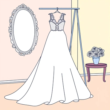 A Chanel bridal gown with intricate lace detailing and a flowing train hangs gracefully on a garment rack. The gown features delicate beading that catches the light, creating a soft shimmer. The luxurious room has soft, neutral-colored walls and a plush, beige carpet. A vintage ornate mirror reflects the gown, emphasizing its elegance. There is a small, elegant side table next to the gown, adorned with a bouquet of fresh white roses in a crystal vase.