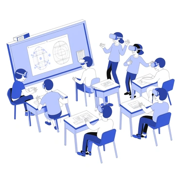 A classroom filled with students wearing VR headsets. Each student is engaged in their own virtual learning experience, with their hands gesturing as they interact with digital elements. Desks are arranged in a semi-circle, and some students are sitting while others are standing. Behind them, a chalkboard displays diagrams and notes related to their virtual lessons. The classroom is equipped with various learning tools, such as books and projectors, enhancing the educational atmosphere.