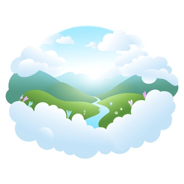 A vast valley is filled with fluffy white clouds that blanket the landscape, creating a soft, ethereal appearance. The clouds appear to roll gently over the hills, blending seamlessly with the blue sky above. Sunlight filters through the clouds, casting a warm glow across the valley. Lush green hillsides rise on either side, dotted with vibrant wildflowers that add splashes of color. A tranquil river winds its way through the center of the valley, reflecting the light from the sun and the surrounding clouds.