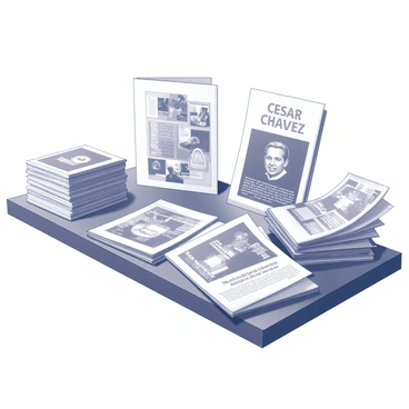 Stacks of literature and pamphlets about "Cesar Chavez's campaigns" are arranged neatly on a wooden table. The papers are of various sizes and colors, showcasing different images and text related to his activism. Some of the pamphlets are folded or slightly disheveled, while others are crisp and new. The wooden table has a rustic texture, with visible grain patterns, adding to the overall atmosphere of the scene. Light casts gentle shadows across the table, emphasizing the stacks of literature and their importance in understanding the historical context of Chavez's work.