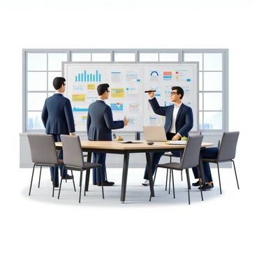 A businessperson with short black hair, wearing a navy blue suit and a white shirt, is standing in front of a large whiteboard. The whiteboard is filled with colorful charts, graphs, and notes outlining a comprehensive sales strategy. The businessperson is holding a black marker, intently writing down important points. There are various business tools such as a laptop and a notepad on the table nearby. The setting is a modern conference room with natural light streaming in through a large window.