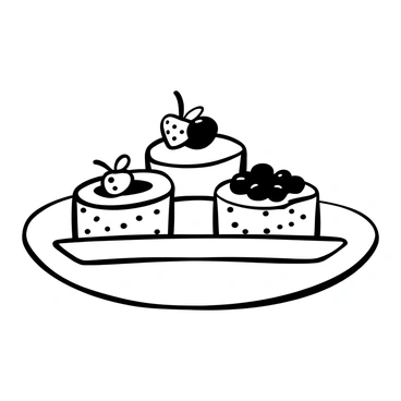 A white plate displaying three mini cheesecakes, each with a distinct flavored topping. The first cheesecake is topped with "chocolate drizzles," the second features "fresh strawberries," and the third is adorned with "blueberry compote." The cheesecakes are arranged neatly, showcasing their individual toppings, with a subtle shadow cast under the plate.