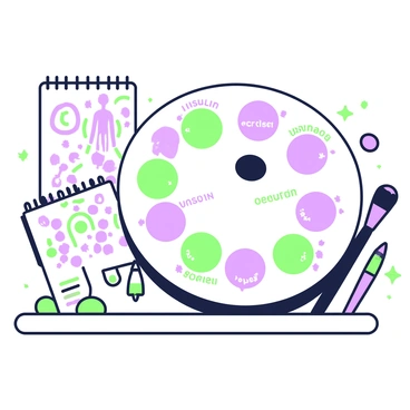 An artist's palette is resting on a wooden table, displaying a variety of colorful dabs of paint. Each dab is labeled with the name of a hormone, such as "Insulin," "Cortisol," and "Estrogen." The palette features a round shape with a thumb hole, and the dabs of paint are arranged in a circular pattern. A few paintbrushes are scattered around the palette, with some bristles stained with remnants of paint. A small notepad with sketches of the human body is positioned next to the palette, with annotations highlighting various hormone functions.