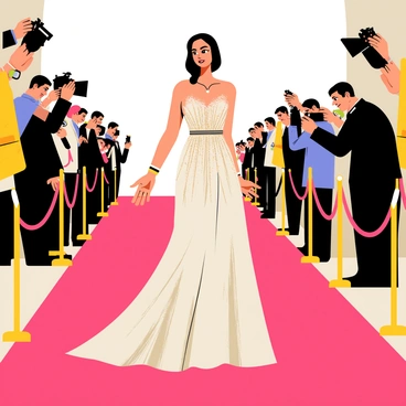 A famous celebrity stands confidently on a bright red carpet. The celebrity is wearing a stunning designer dress, which features intricate patterns and a flowing silhouette. The dress shimmers under the bright lights of the cameras, showcasing vibrant colors. The celebrity's hair is styled elegantly, enhancing their glamorous look. Surrounding the celebrity are a group of photographers, capturing the moment with flashing cameras. Elegant ropes delineate the red carpet, and a crowd of admirers watches from a distance.