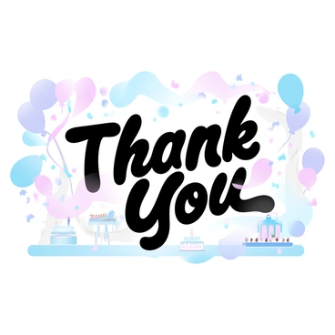 A thank you card featuring a lively birthday party scene. Colorful balloons of various sizes are floating in the air, and vibrant confetti is scattered throughout the image. In the center, the words "Thank You" are displayed in large, festive letters, surrounded by streamers and party decorations. Tables with treats and a birthday cake can be seen in the background, enhancing the celebratory atmosphere.