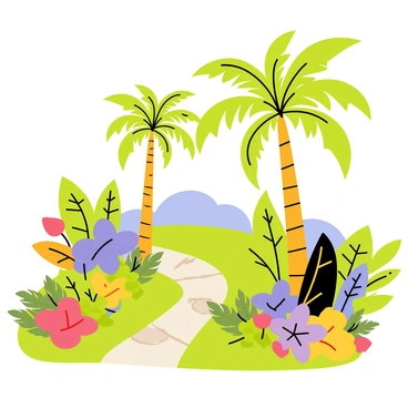 A lush tropical landscape featuring large, vibrant green palm trees swaying gently. The scene includes a variety of exotic blooming flowers in bright colors such as red, yellow, and purple scattered throughout the area. There are also large, leafy plants and ferns providing texture to the environment. A clear blue sky is visible above, highlighting the vividness of the flowers and foliage. A small pathway made of stones leads through the landscape, inviting exploration of this vibrant natural setting.