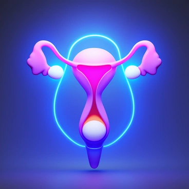 A futuristic digital representation of the female reproductive system. The illustration displays the anatomical structures such as the ovaries, fallopian tubes, uterus, and vagina. Glowing lines connect these components, highlighting the pathways and interaction within the system. The colors are vibrant, with shades of blue and purple illuminating the details. The background is a subtle gradient that enhances the visibility of the glowing elements.