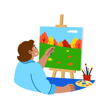An artist sitting at a wooden easel, painting a vibrant scene filled with autumn leaves and colors. The artist has short, curly brown hair and is wearing a light blue smock. The canvas displays a mix of reds, oranges, and yellows representing fallen leaves scattered on a grassy surface. Nearby, a palette with various shades of fall colors is placed on the table, along with several paintbrushes. In the background, trees with colorful foliage are visible against a clear blue sky.