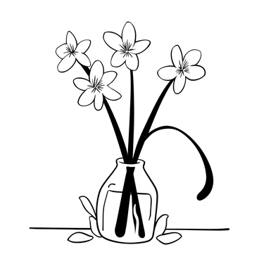 A simple glass vase positioned on a wooden table, filled with freshly cut freesia stems. The stems are straight and green, with multiple flowers blooming along their length. The flowers exhibit a delicate, tube-like shape. Lightly scattered petals are placed around the base of the vase, enhancing the composition. The background features soft, blurred shapes of leaves and stems, adding depth to the scene.