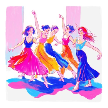 A group of dancers is performing in a dramatic arrangement. Each dancer is in a unique pose, showcasing their fluid movements and expressions. They are dressed in colorful, contemporary outfits that flow with their movements. The backdrop is stark and minimalist, highlighting the dancers' actions. The lighting enhances the dynamic shapes created by their bodies in motion.