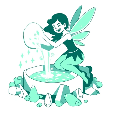 A teal fairy with delicate wings is gracefully pouring sparkling water from a white wellspring. The water cascades in a shimmering arc, catching light as it flows. Surrounding the wellspring are numerous glowing white crystals, which emit a soft radiance, illuminating the space. The fairy has a joyful expression as she interacts with the flowing water, and her attire is adorned with small sparkling gems that complement the crystals around her. The scene is filled with a sense of magic and wonder, highlighted by the enchanting details of the fairy and the glowing crystals.