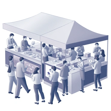 A busy market scene filled with various stalls. People are engaging in transactions, some are looking at screens while others are exchanging goods. A vendor is displaying products, and a customer is scanning a digital wallet on their smartphone. There are banners and signs showing different digital currencies, while a diverse crowd interacts throughout the area. The atmosphere is lively with expressions of excitement and negotiation visible on the faces of the traders and buyers.
