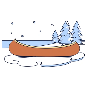 A freshly completed canoe with a polished wooden surface, showing a rich, warm brown color. The canoe is resting on a snowy shore, surrounded by a blanket of soft white snow. The shoreline is lined with slightly frosted pine trees in the background, their branches heavy with snow. The sky above is bright and clear, casting a gentle light on the scene. There are small snowflakes delicately falling around the canoe, adding to the winter atmosphere.