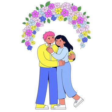 Two figures are standing closely together in a gentle embrace. The figures have simple, minimalistic features that convey warmth and affection. Around them, a cascade of colorful flowers spills down, adding vibrancy to the scene. The flowers include various shapes and sizes, creating a lush, enveloping effect that surrounds the figures and enhances the feeling of closeness. The composition focuses on the connection between the figures, highlighted by the floral elements that frame them beautifully.