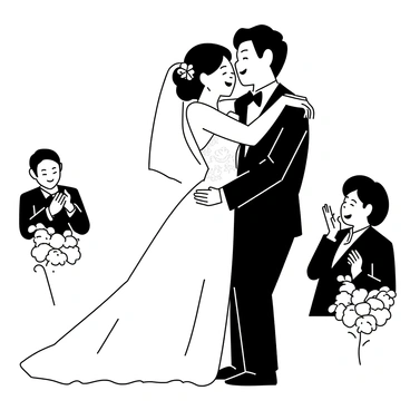A bride and groom embracing each other during their wedding ceremony. The bride is wearing a beautiful wedding dress with intricate lace detailing and a long train. Her hair is styled elegantly, adorned with delicate flowers. The groom is dressed in a formal suit with a crisp white shirt and a bow tie. Their faces display expressions of pure joy and love. The background includes guests seated, some clapping, while floral arrangements are visible around the ceremony area.