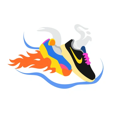 A pair of sleek, vibrant Nike shoes with a futuristic design is shown in mid-stride. The shoes are depicted in bold colors, with dynamic lines that suggest motion. As they move forward, a bright trail of flames erupts from the soles, creating an intense visual effect. The background is filled with swirling smoke, adding to the sense of speed and energy. The shoes are angled to showcase their athletic form, emphasizing their state-of-the-art features.