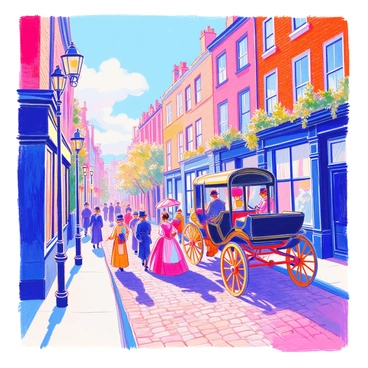 A Victorian-era street scene captures the essence of the time. Elegant carriages with shiny wheels and ornate designs are parked alongside the cobblestone road. People in period attire, including women in long, flowing dresses with corsets and men in tall hats and tailcoats, stroll along the street. Some men are tipping their hats as they pass by women holding parasols. Gas lamps line the street, casting a warm glow. In the background, brick buildings with intricate architectural details rise up, completing the historic atmosphere.