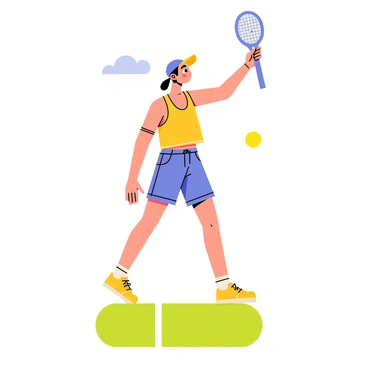 A fashionable tennis player wearing a vibrant, trendy outfit is positioned on a grassy court. The player is captured mid-serve, with one arm raised and the racket held high, showcasing a dynamic motion. The outfit includes a bright tank top and stylish shorts, complemented by matching sneakers and a visor. Surrounding the player, the lush green grass of the court contrasts with the bright colors of the clothing. In the background, a clear blue sky adds to the energetic atmosphere of the scene.