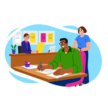 A customer sitting at a wooden service desk, carefully filling out a feedback form. The customer is a middle-aged man with glasses, focused on the form in front of him. The desk is cluttered with a few pens, a small potted plant, and brochures. Behind the desk, a friendly staff member is smiling while assisting another customer. The setting has bright lighting, and there are colorful posters on the walls promoting various services.